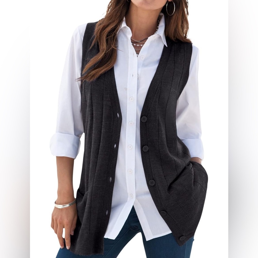 Roaman's Plus Size Button up vest lightweight sweater knit in black  Womens 1x